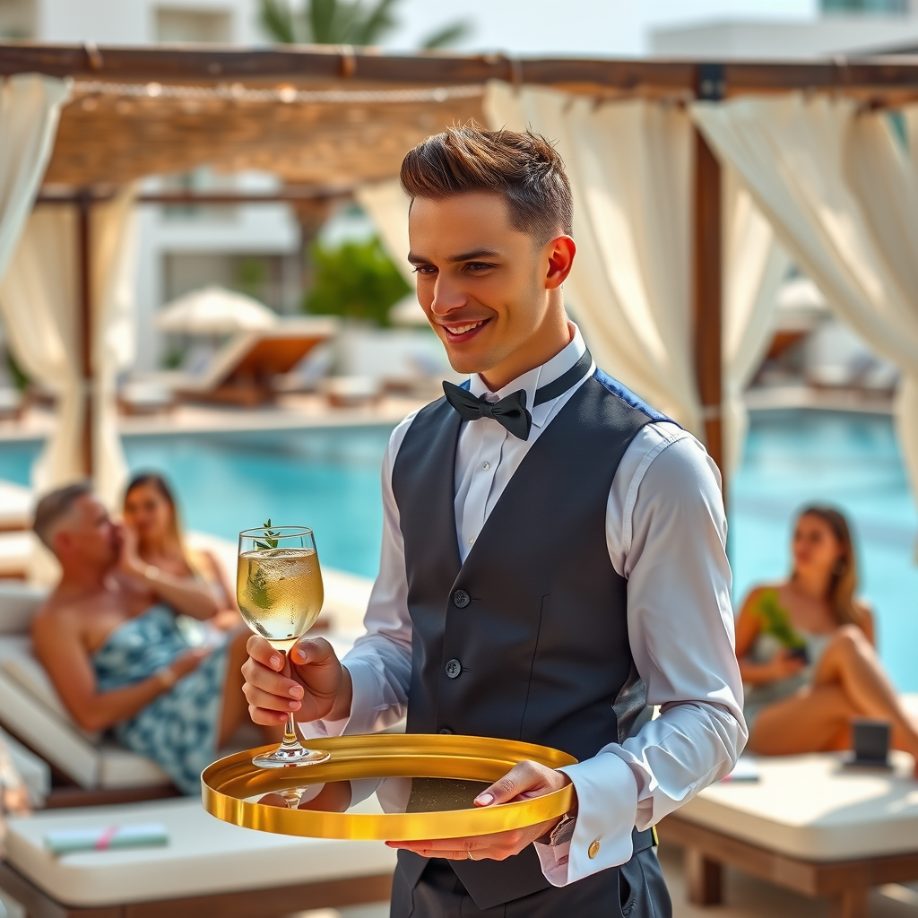 Professional waiter in elegant uniform serving cocktails on gold tray to guests relaxing in cabana, attentive service, luxury hospitality setting