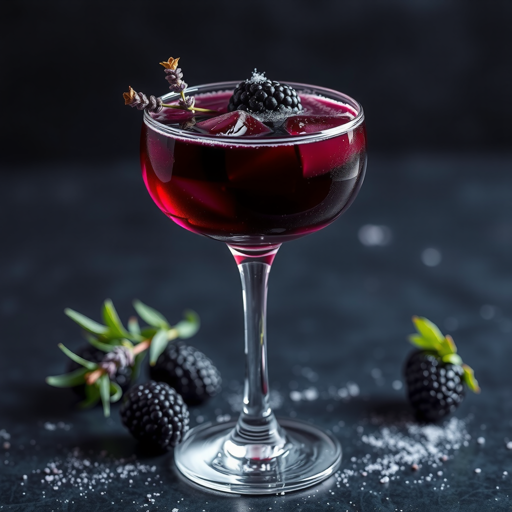 Midnight in Dubai cocktail - dark purple drink in coupe glass with blackberries, lavender sprig and silver dust garnish, moody lighting