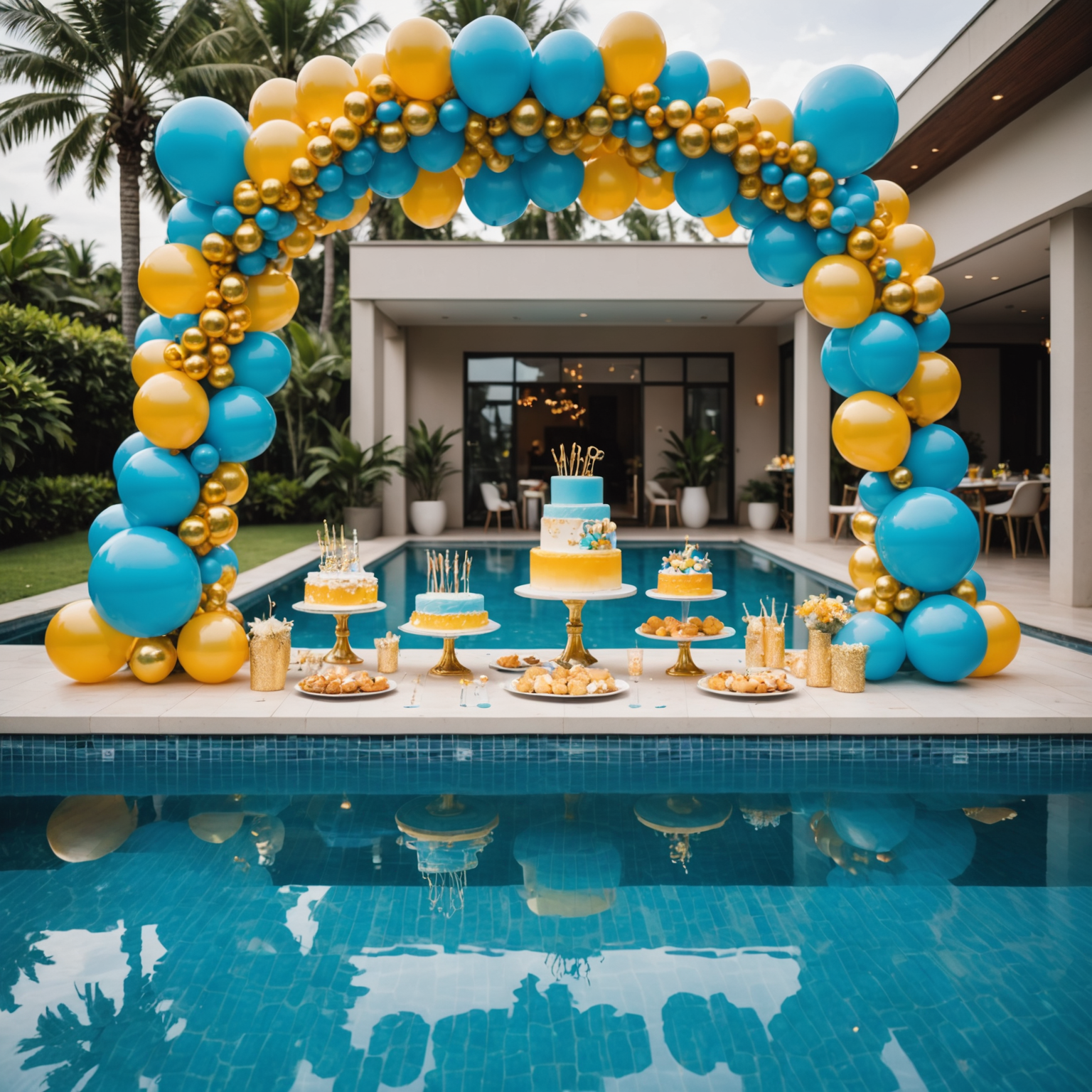 Vibrant birthday party at infinity swimming pool with gold and blue balloon decorations, cake table, and celebrating guests