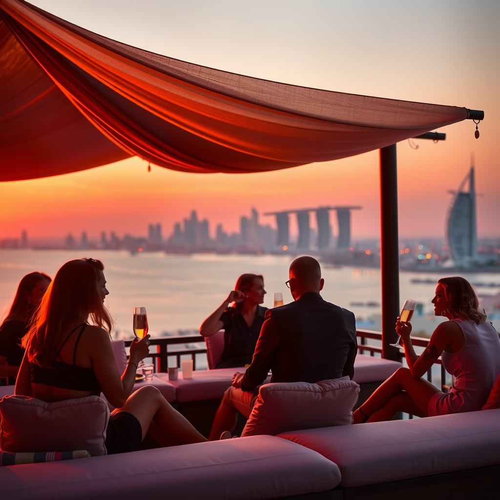Romantic sunset view from cabana with warm golden lighting, silhouettes of guests enjoying champagne, Dubai skyline bathed in orange and pink sunset colors
