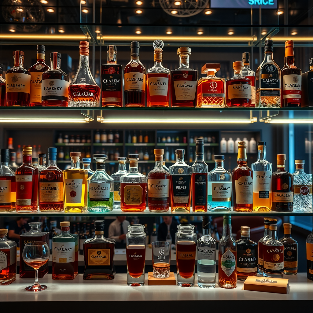 Luxury bar display with premium spirits bottles backlit on glass shelves, featuring top-shelf whiskeys, vodkas, gins and rums in elegant bottles