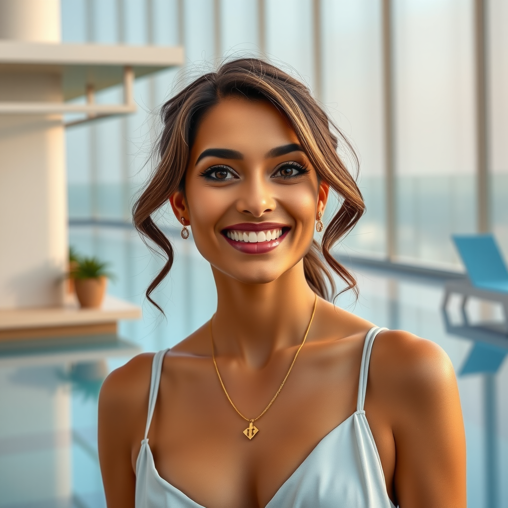 Professional headshot of Emma Patel, a delighted guest at Aura Sky Pool, looking elegant and satisfied