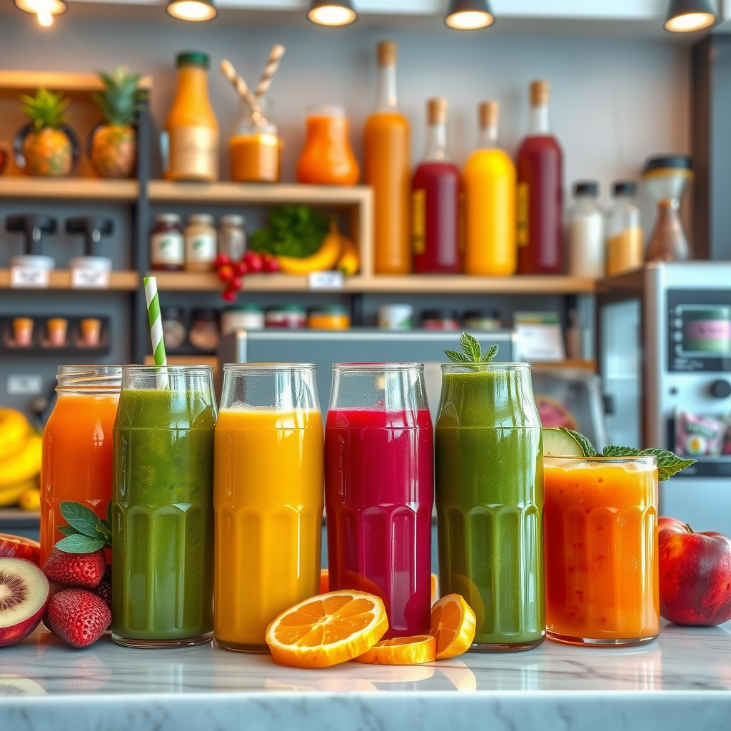 Fresh juice bar with colorful smoothies and cold-pressed juices in glass bottles, fresh fruits displayed, modern juice preparation station with organic ingredients