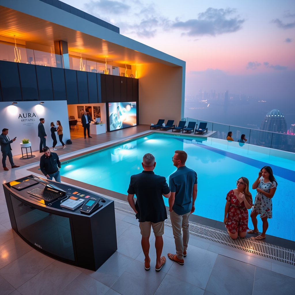 Sophisticated product launch event at Aura Sky Pool with branded displays, media wall, and guests mingling by infinity pool